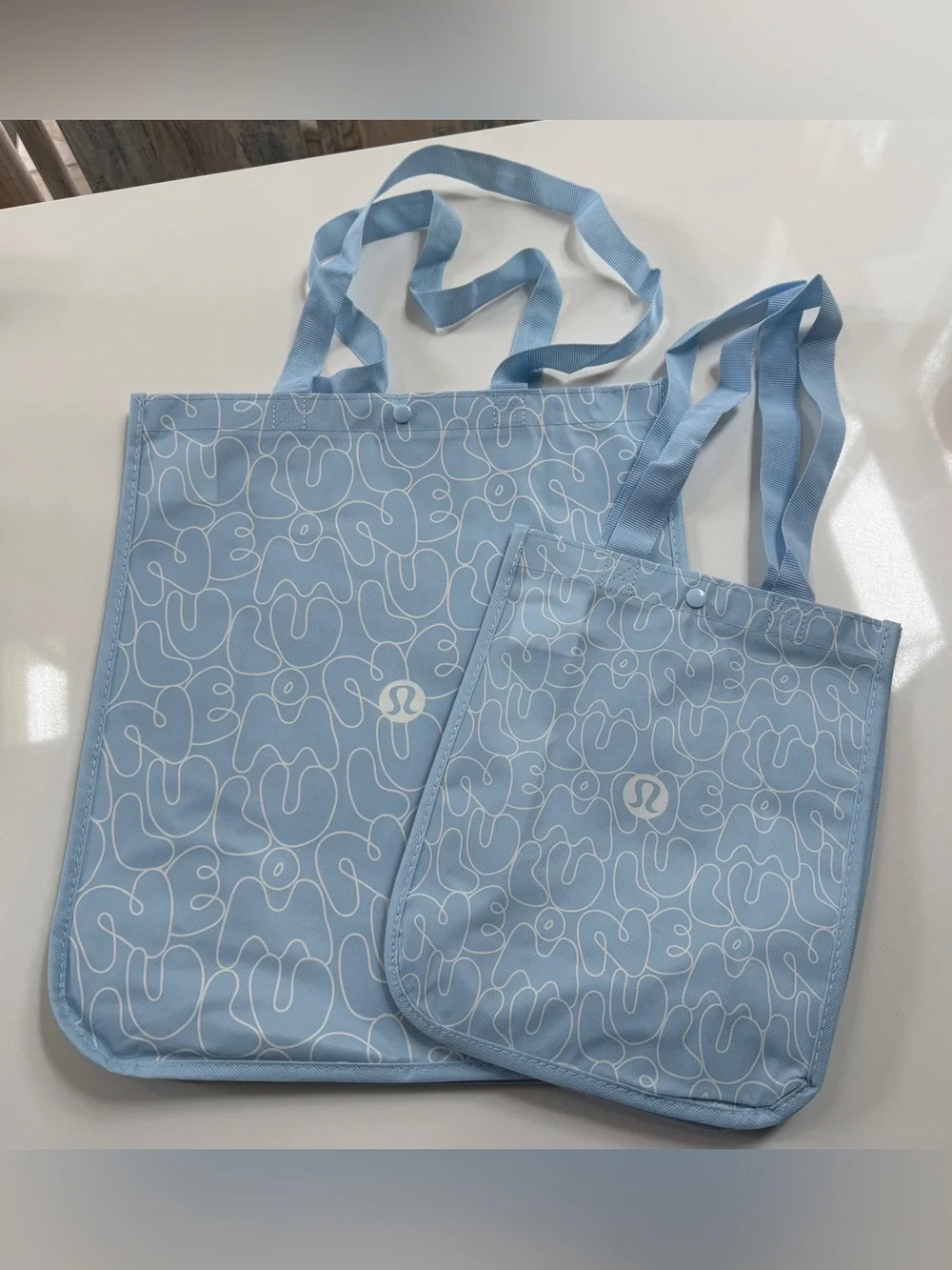 NWOT Lululemon Reusable Pastel Blue Graphic SMALL & LARGE Bag/Tote - Lot Of 2